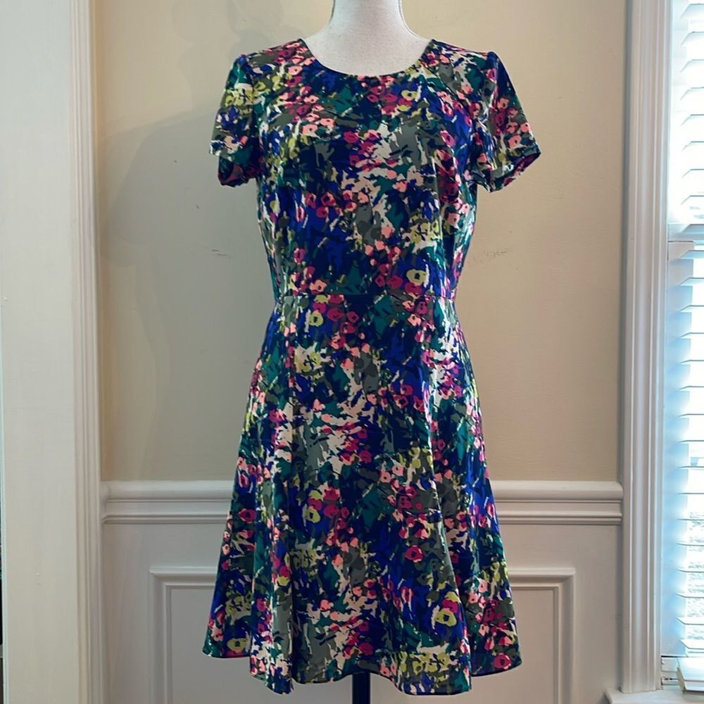 J. Crew Floral Fit-and-Flare Dress in Blue, Green, Pink